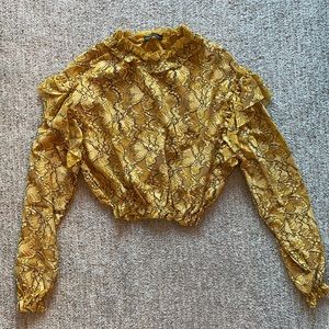Golden Yellow Lace Crop Top, Long Sleeves, Sz Sm